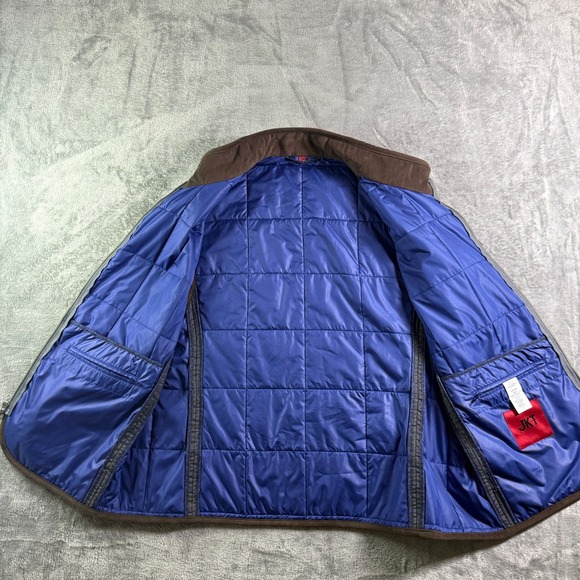 JKT New York Wool Puffer Vest Quilted Full Zip Gray Brown Trim Large - Picture 3 of 6